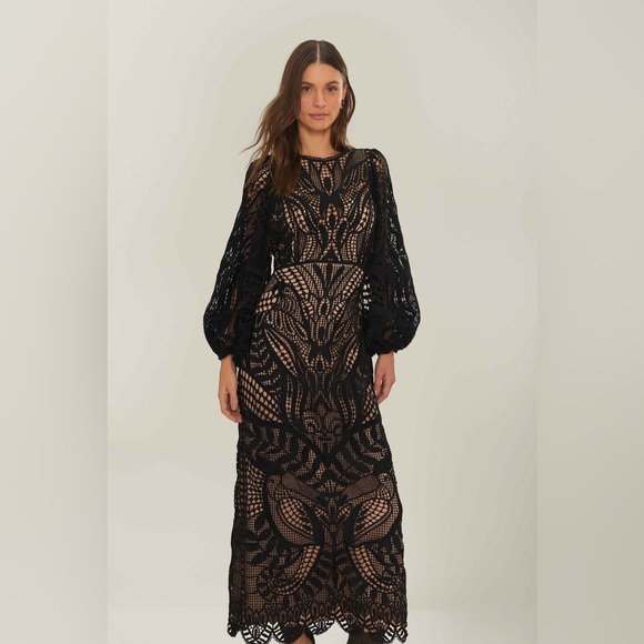 FARM Rio Black Nature Guipure Midi Dress in Black - Picture 2 of 9